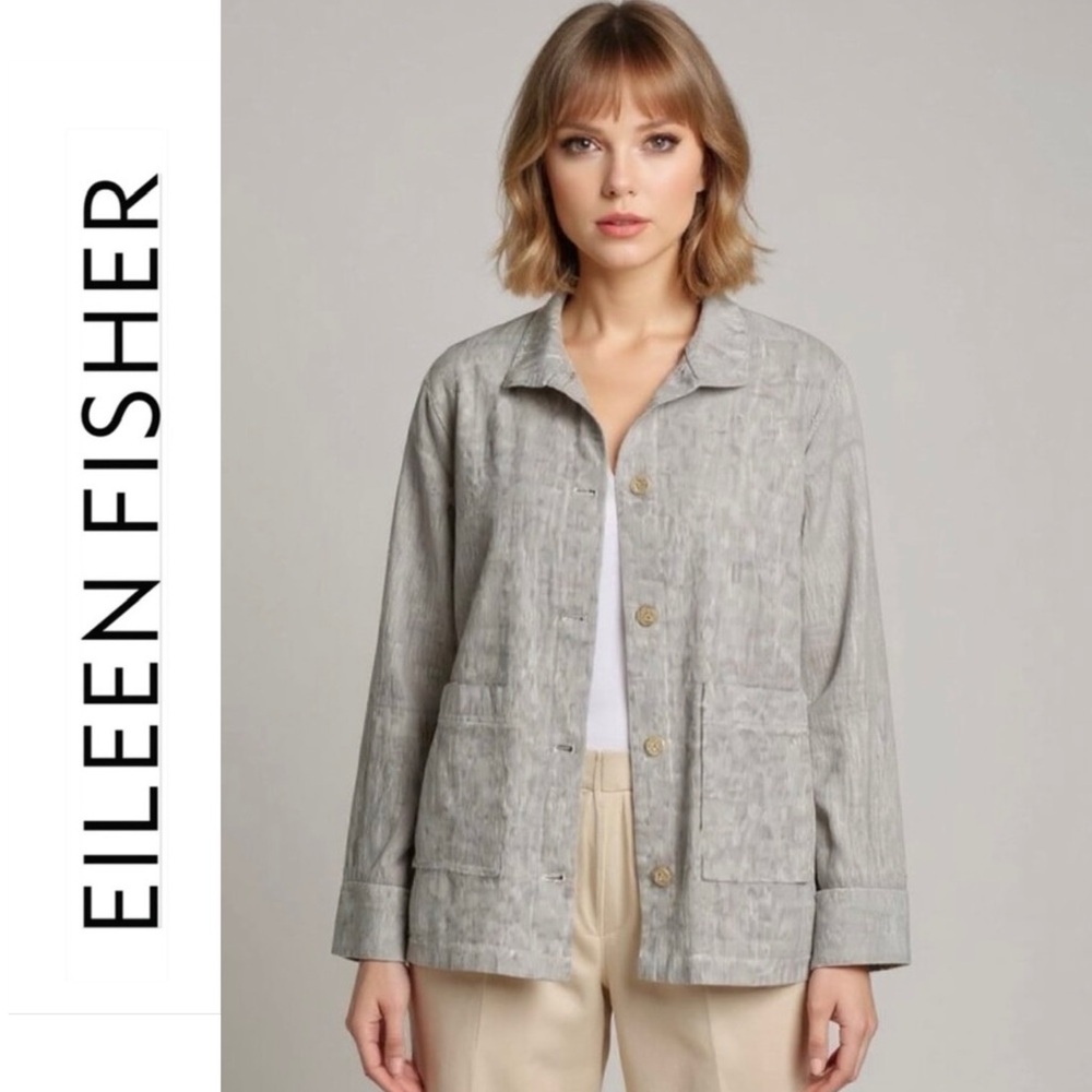 EILEEN FISHER Organic Cotton & Linen Jacket Lagenlook Ticking Stripe Size XL